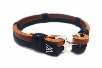 Bratara Wild Bracelets din piele naturala, lucrata 100% manual cu ancora argintie, maro cu negru