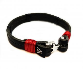 Bratara Wild Bracelets din piele naturala neagra cu prinderi rosii, lucrata 100% manual cu ancora argintie