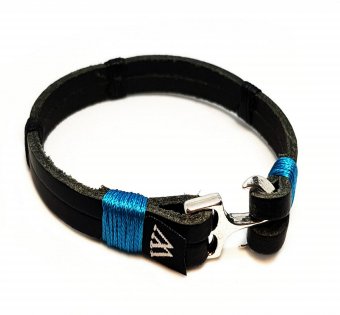 Bratara Wild Bracelets din piele naturala neagra cu prinderi turquaz, lucrata 100% manual cu ancora argintie