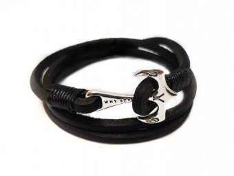 Bratara Wild Bracelets, Wrap neagra cu ancora, din piele naturala, lucrata 100% manual