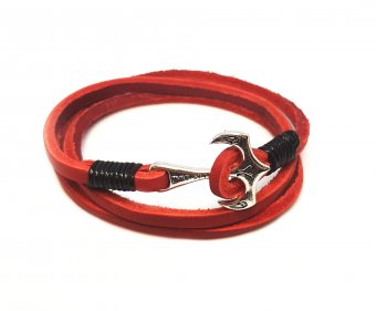Bratara Wild Bracelets, Wrap rosie cu ancora, din piele naturala, lucrata 100% manual