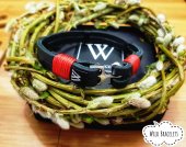 Bratara Wild Bracelets din piele naturala neagra cu prinderi rosii, lucrata 100% manual cu ancora argintie